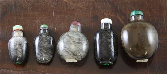 Five Chinese hair crystal snuff bottles, 1800-1900, Richards no.s 63, 257, 305,306 and 307